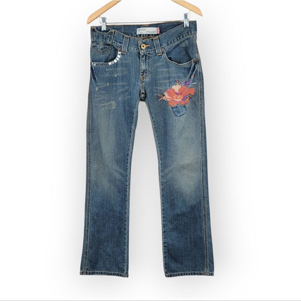 Levi's Y2K 504 Slouch Straight Blue Jeans with Floral Embroidery Studs